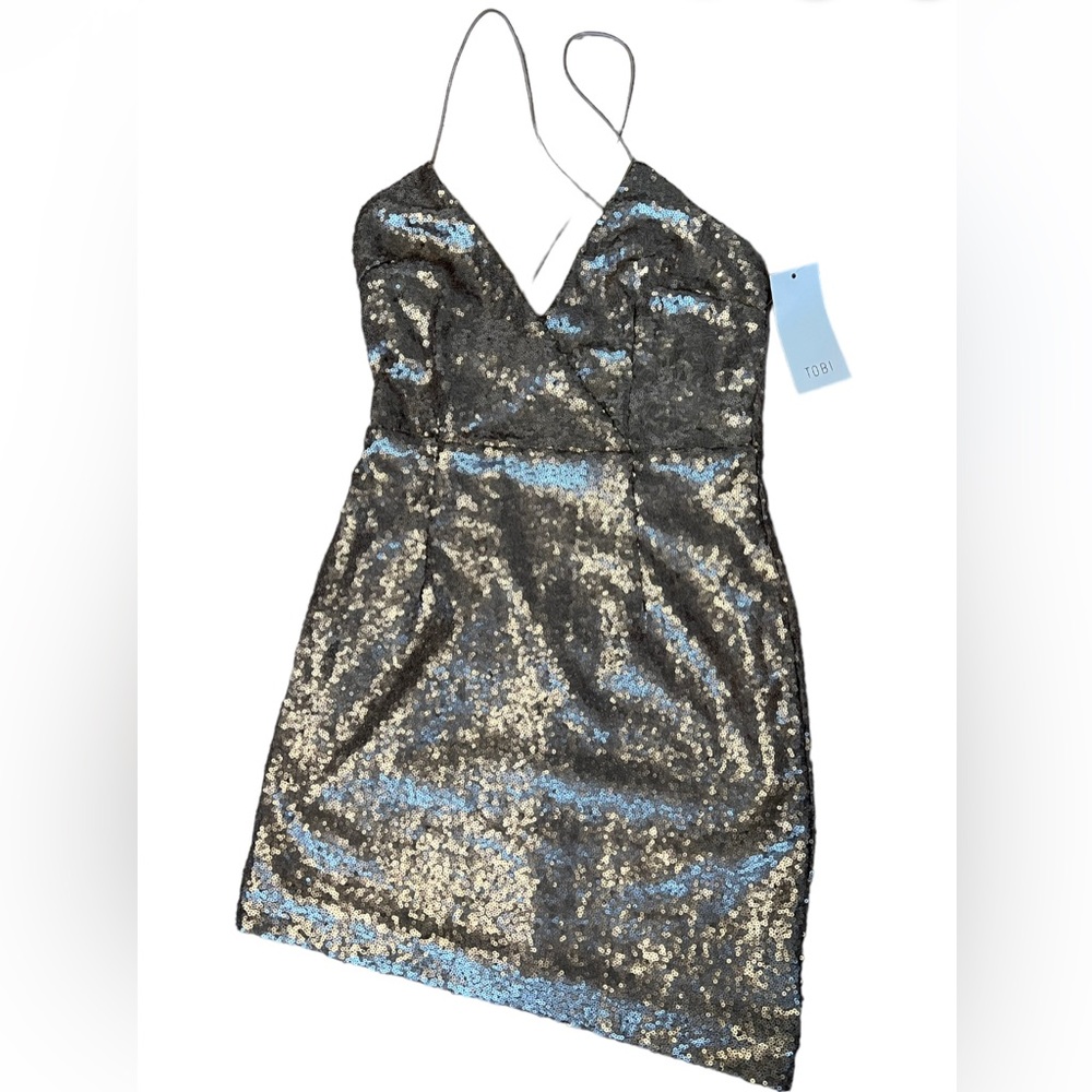 NWT Tobi Asymmetrical Stretch Strap Halter Backless Sequined Gold Dress SzS